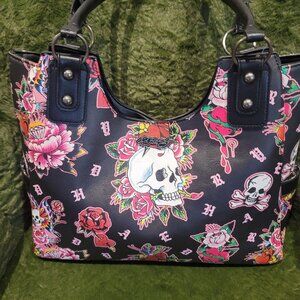 Ed Hardy Black and Pink Skull Floral Tote New with Tags